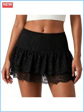Lace Layered Ruffle Mini Skirt Elastic Flowy Micro Short Skirt